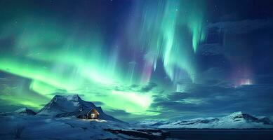 AI generated Northern lights, Aurora borealis over snowy mountains, Winter landscape photo