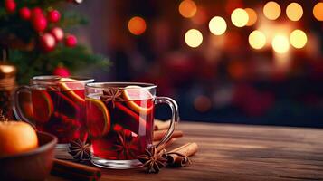 AI generated Christmas mood, Hot mulled wine on a wooden table surrounded by New Year decorations, on a blurred background photo