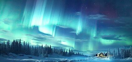 AI generated Northern lights, Aurora borealis over snowy mountains, Winter landscape photo