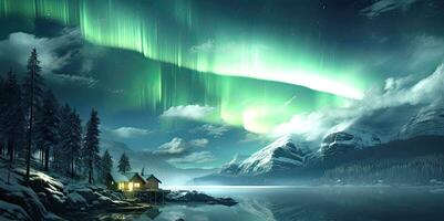 ai generado del Norte luces, Aurora borealis terminado Nevado montañas, invierno paisaje foto