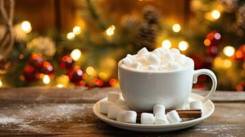 AI generated Christmas mood Cup of hot chocolate with marshmallows on a rustic wooden table, on a blurred background photo