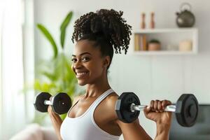 AI generated Smiling young African American woman lifting weights comfortably photo