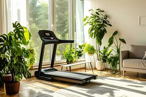 AI generated The treadmill is in a spacious, bright living room photo