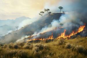 AI generated A fiery inferno rages through a mountain forest, threatening all in its path. photo