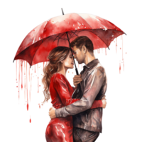 ai generato piovoso giorno coppia baci sotto ombrello su un' trasparente sfondo png