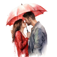 ai généré pluvieux journée couple embrasser en dessous de parapluie sur une transparent Contexte png