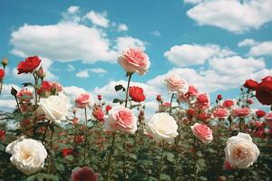 ai generado blanco y rosado rosas en iluminado por el sol jardín foto