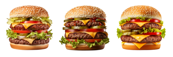 ai généré Trois hamburgers avec différent garnitures sur leur sur une transparent Contexte png