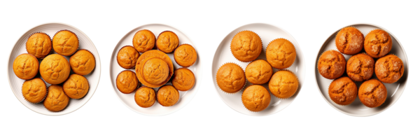 ai généré quatre assiettes avec différent les types de biscuits sur leur sur une transparent Contexte png