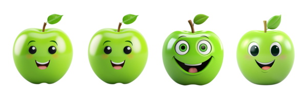 ai generado Tres verde manzanas con caras y ojos png