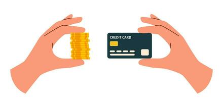 Hands witn money and credit card vector