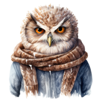 AI generated Owl Wearing Winter Clothes For Christmas Event. Watercolor Style. AI Generated png