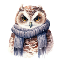 AI generated Owl Wearing Winter Clothes For Christmas Event. Watercolor Style. AI Generated png