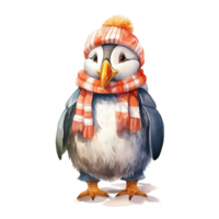 AI generated Puffin Wearing Winter Clothes For Christmas Event. Watercolor Style. AI Generated png