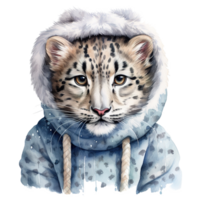 AI generated Snow Leopard Wearing Winter Clothes For Christmas Event. Watercolor Style. AI Generated png