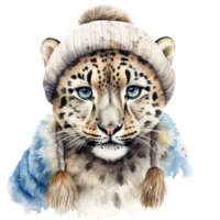 AI generated Snow Leopard Wearing Winter Clothes For Christmas Event. Watercolor Style. AI Generated png