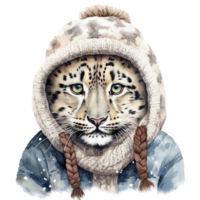 AI generated Snow Leopard Wearing Winter Clothes For Christmas Event. Watercolor Style. AI Generated png