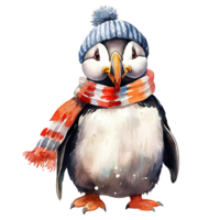 AI generated Puffin Wearing Winter Clothes For Christmas Event. Watercolor Style. AI Generated png