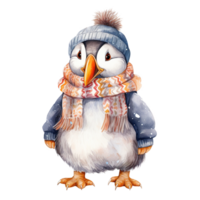 ai genererad lunnefågel bär vinter- kläder för jul händelse. vattenfärg stil. ai genererad png