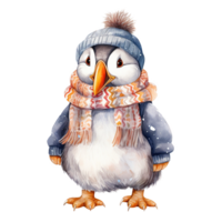 ai généré macareux portant hiver vêtements pour Noël événement. aquarelle style. ai généré png