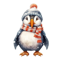 AI generated Puffin Wearing Winter Clothes For Christmas Event. Watercolor Style. AI Generated png