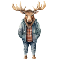 AI generated Moose Wearing Winter Clothes For Christmas Event. Watercolor Style. AI Generated png