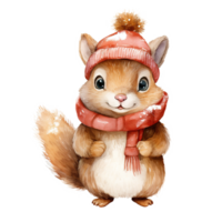 AI generated Squirrel Wearing Winter Clothes For Christmas Event. Watercolor Style. AI Generated png