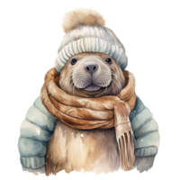 AI generated Walrus Wearing Winter Clothes For Christmas Event. Watercolor Style. AI Generated png