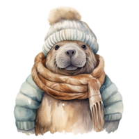 ai généré morse portant hiver vêtements pour Noël événement. aquarelle style. ai généré png