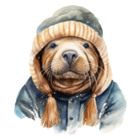 AI generated Walrus Wearing Winter Clothes For Christmas Event. Watercolor Style. AI Generated png