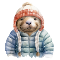 ai généré morse portant hiver vêtements pour Noël événement. aquarelle style. ai généré png