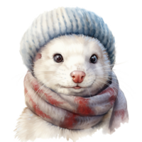 AI generated White Weasel Wearing Winter Clothes For Christmas Event. Watercolor Style. AI Generated png