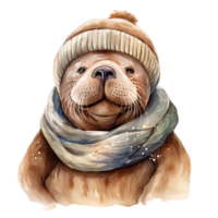 ai généré morse portant hiver vêtements pour Noël événement. aquarelle style. ai généré png