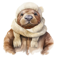 AI generated Walrus Wearing Winter Clothes For Christmas Event. Watercolor Style. AI Generated png