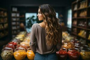 AI generated a photo of a beautiful young american woman shopping in supermarket and buying groceries and food products in the store. generative ai.