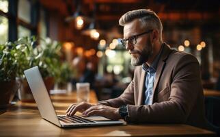 ai generado de cerca retrato mecanografía teclado en ordenador portátil computadora. trabajando en línea en mesa a oficina. generativo ai. foto