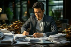 AI generated Serious busy young Asian professional business man executive ceo manager sitting at desk in office working checking corporate financial accounting documents. generative ai photo