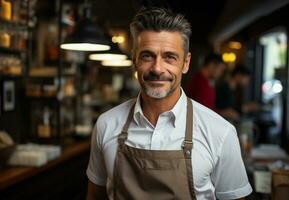 ai generado retrato de contento hombre en pie a puerta de su almacenar. alegre maduro camarero esperando para clientela a café tienda. generativo ai. foto