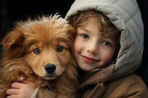 ai generado un pequeño niño abrazos su mascota dorado perdiguero. invierno actividad vacaciones. generativo ai. foto