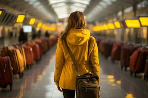 ai generado joven mujer a tren estación mirando a destino tablero. viaje y público transporte concepto. generativo ai. foto