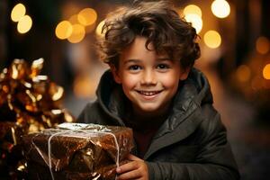 ai generado contento chico recibe un Navidad presente. generativo ai. foto