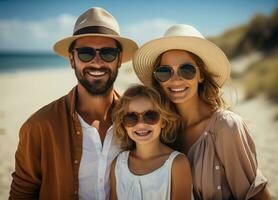 ai generado cerca arriba de un joven Pareja con su bebé mientras en un playa día festivo. familia vacaciones viaje concepto. generativo ai foto