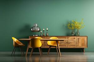 ai generado interior diseño de moderno comida habitación, de madera mesa y amarillo sillas en contra verde pared con aparador. generativo ai foto