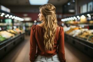 AI generated a photo of a beautiful young american woman shopping in supermarket and buying groceries and food products in the store. generative ai.