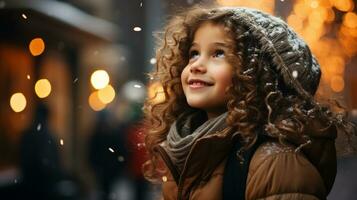 ai generado un lado perfil de niña niño en pie en el ciudad, nieve en el ciudad cuadrado, Navidad mercado, invierno estación, contento vacaciones. generativo ai foto