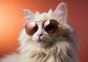 ai generado blanco mullido gato en Gafas de sol en melocotón color antecedentes. foto