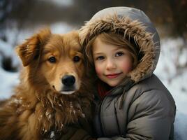 ai generado un pequeño niño abrazos su mascota dorado perdiguero. invierno actividad vacaciones. generativo ai. foto