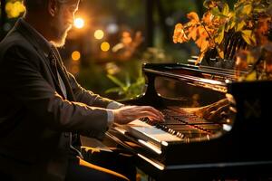 ai generado de cerca foto de masculino manos de un persona jugando el piano prensado el llaves. bokeh luces en el antecedentes. fuera de en el naturaleza jugando música instrumento. generativo ai.