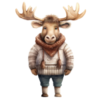 AI generated Moose Wearing Winter Clothes For Christmas Event. Watercolor Style. AI Generated png
