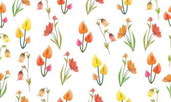 vector decorative plants seamless pattern, wallpaper plants style. Hibiscus sabdrariffah, Elegans Zinnia, Tulipa sp